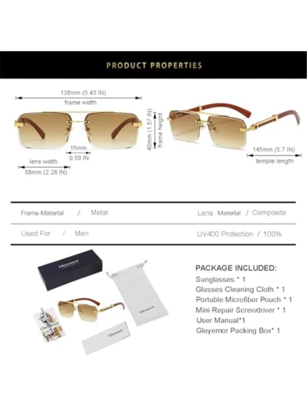 Men's Sunglasses Fashion Rimless Rectangle Sunglasses Square Frameless